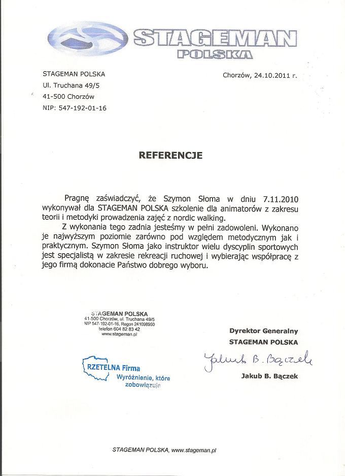 Referencje Szymon Słoma Stageman Jakun Bączek